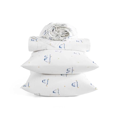Image of Poppy & Fritz - Full Size Sheet Set, 100% Long-Staple Percale Cotton Bedding, Crisp & Cool, Deep Pockets, Bed Sheets with Matching Fitted Sheet & Pillowcases (Tweet Tweet Birds Blue)
