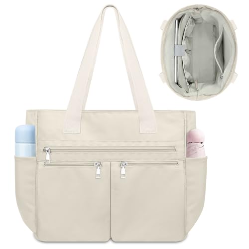 NEWIROVE Bolso Universidad Mujer, Bolsos Mujer Grande Tote Bag Universidad Multifuncional Bolso Portatil Nylon Impermeable Bolsos Grandes Para Trabajo Escuela Shopper, Beige