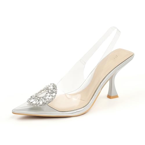 JENN ARDOR Clear Heels for Women Slingback Pointed Closed Toe Heels with Rhinestones 3 inch Comfortable Stiletto Sandals Pumps Wedding Party Dress Shoes