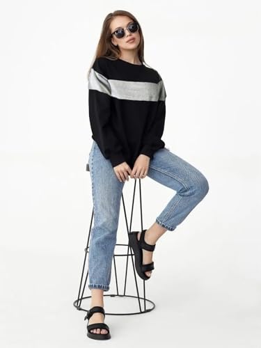 Image of LEOTUDE Women's Loopknit Boyfriend /Loose Fit Round Neck Sweatshirt (Color Black)