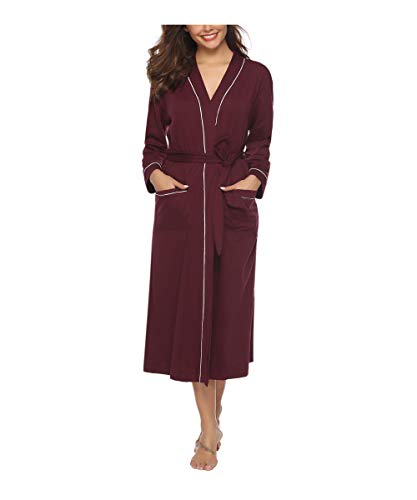 Sykooria Bata para Mujer Algodón, Largo Albornoz Kimono Ropa de Dormir Suave Loungewear Bata de Bolsillo con Cinturón Pijama