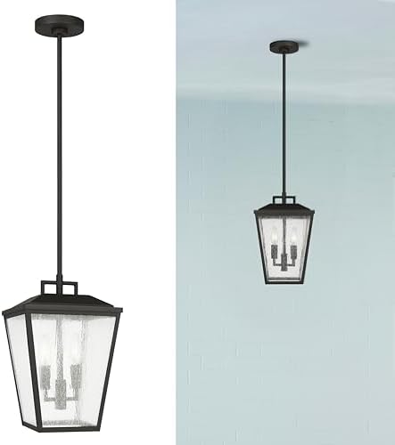 Scott Living 2-Light Kennewick Transitional Outdoor Pendant Lantern in Textured Black Finish with Clear Seeded Shade DJO1102TXB, Hanging Lamp for Porch Decor, Outdoor Pendant Lights for Patio