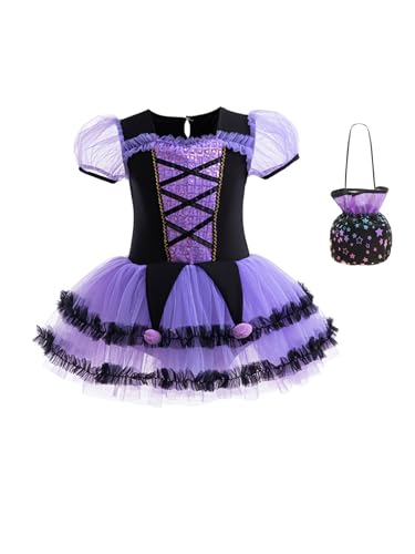 Disfraz de bruja niña morado con tutu y bolsa de dulces miniatura 1