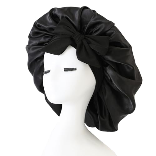 iLamvie Gorro de seda y satén ajustable, gorro suave y cómodo para dormir (negro)