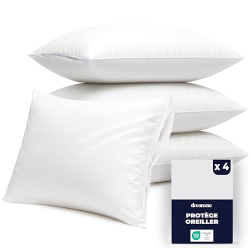 Dreamzie Protege Oreiller 50x75 cm - Lot de 4 Protège Oreiller Imperméables - Anti-Acariens, Oeko-Tex - Lavables à 90°C - pour Bébé & Peaux Sensibles