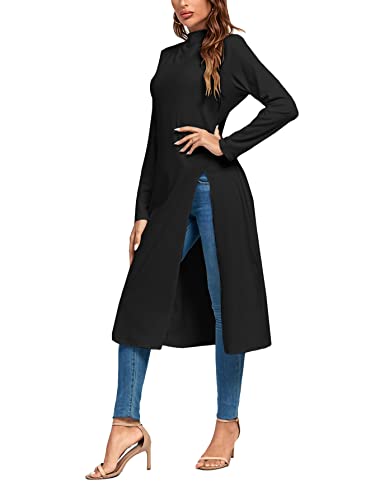 Vrtige Women's Mock Neck Long Sleeve Split Slit Hem Longline Shirt Blouse Tunic Top Black# Medium #TOP2