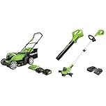 Greenworks 48V 17" Lawn Mower, 2 x 24V 4Ah Batteries and Dual Port Charger Included, MO48B2210, Green & 24V String Trimmer and Blower Combo, 2Ah USB Battery and Slow Charger Included