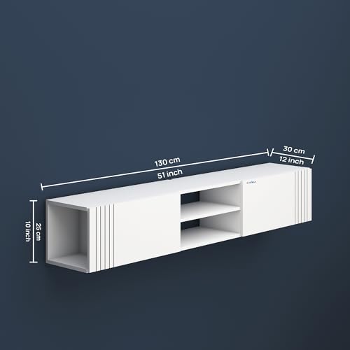 Image of Anikaa Nimbus Wall Mount TV Unit Cabinet | Modern Entertainment Center with Storage, Drawers, Shelves & Soft-Close Doors | Stylish Floating TV Stand for Up to 50 inch TVs - White (DIY Installation)