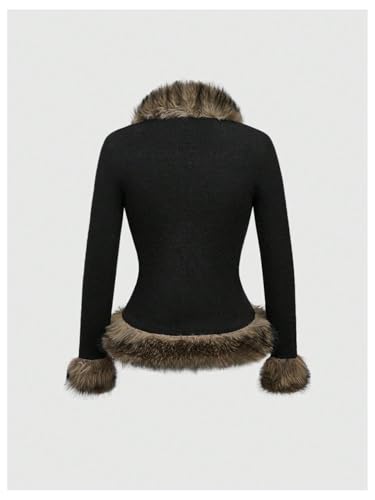 WDIRARA Women's Faux Fur Long Sleeve Cardigan Hippie Punk Buckle Knit Outerwear2