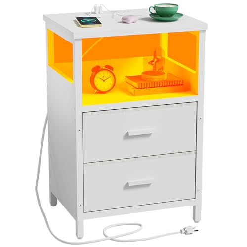 KHLJJU LED Nightstand with Charging Station, Side Table with USB Ports and Outlets, End Table for Small Spaces, White Bedside Tables for Bedroom, Living Room, Office