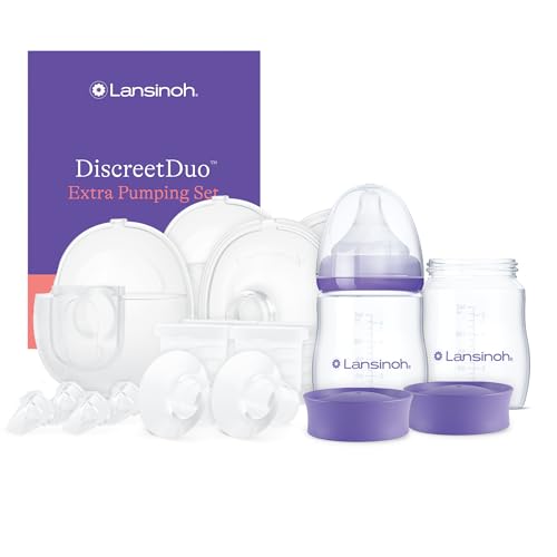 Image of Lansinoh DiscreetDuo Extra Pumping Set | Hands-Free Wearable Breast Pump Accessories | Portable Replacement Kit with Milk Collection Cups, Flanges, Valves & Bottles (Pump Not Included)