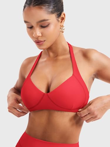 Image of YEOREO Women Halter Sports Bra Light Support V Neck Padded Strappy Open Back Workout Gym Tops