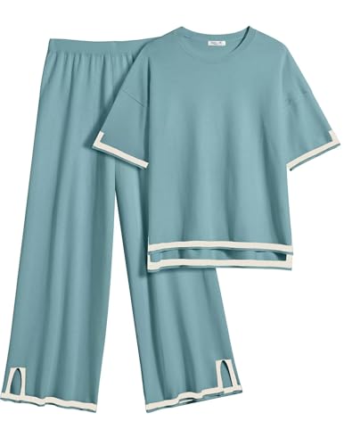 Ekouaer Lounge Set for Women Travel Outfits 2 Piece Sets Short Sleeve Sweater Top Wide Leg Long Pants Loungewear
