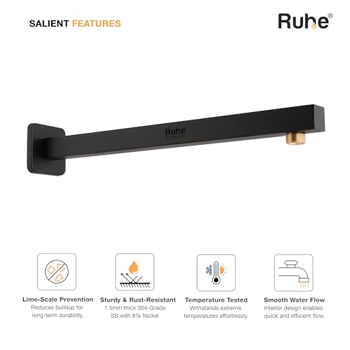 Image of Ruhe Square Shower Arm with Wall Flange | Black Matte | 304-Grade Stainless Steel Shower Arm for Overhead Showers | Bathroom Overhead Shower Arm
