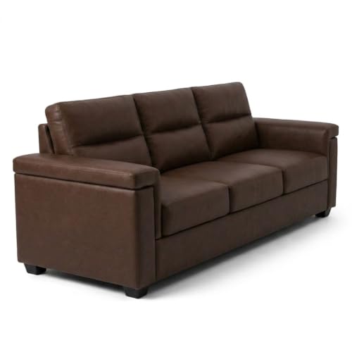 Image of FURNY Parker 3 Seater Fabric Sofa Set with Leatherette Finish | Durable Comfort | Ideal for Living Room | Modern Design (Dark Brown Leatherette)