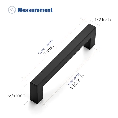Image of Ravinte 10 Pack Kitchen Matte Black Cabinet Handles 4-1 /2 Inch Hole Center Stainless Steel Square Cabinet Pulls for Dresser Drawer Cupboard Handles with Screwdriver