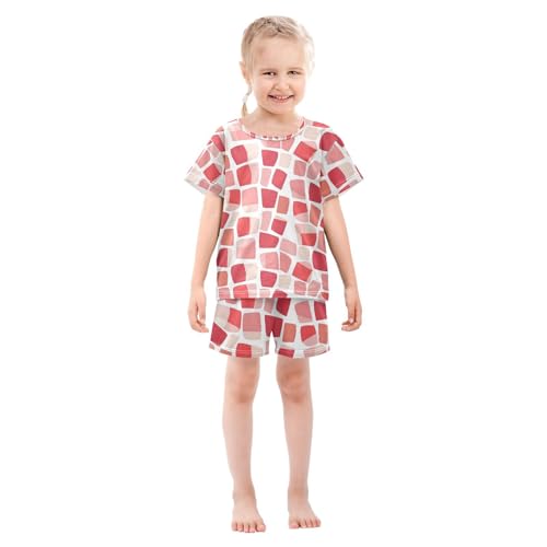 ALAZA Red Pastel Square Pajamas Set Short Sleeve Cotton Sleepwear Summer Pjs 2 Piece 5-14Y3