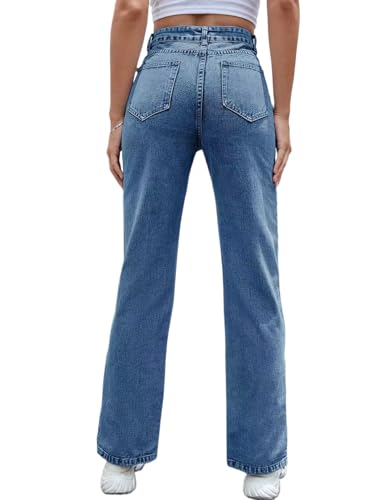 Straight Leg Jeans for Women Slit Hem High Waisted Stretch Relaxed Fit Bootcut Jeans with Pockets2