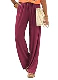 Picture of Samefar Womens Casual Pants Strtechy Palazzo Linen Pants Drawstring Elastic Waist Flowy Baggy Wide Leg Trousers with Pockets Beach Vacation Wine Red X-Large