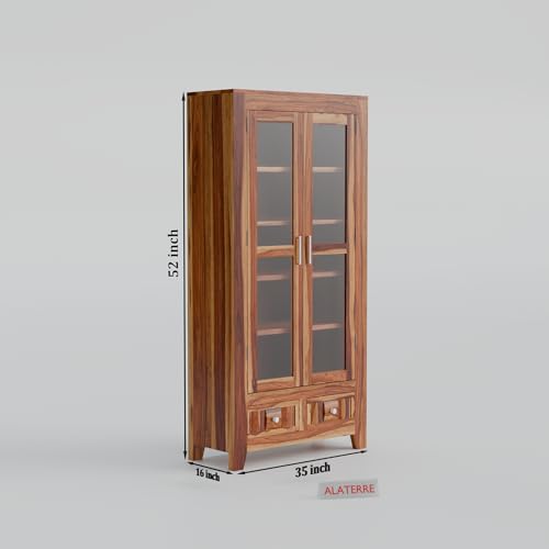 Image of Solid Wood Display Cabinet with Acrylic Glass Doors & Storage Drawers | Modern Wooden Bookcase & Crockery Unit for Living Room, Dining Room & Home Decor (Natural Finish)