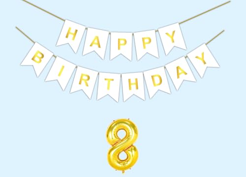 Image of 8th Happy Birthday Decoration Kit White for 8 year Old Boys Girls Kids with Number Eight Party Decorations Decor Celebration Items Item Set Combo Reusable Paper Banner