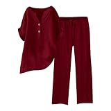 Conjunto de 2 Piezas de Lino para Mujer, Camisa y Pantalones con Botones, Casual, Holgado, para Playa, Vacaciones, Verano, Vino, M
