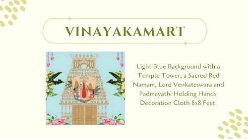Image of Light Blue Background with a Temple Tower, a Sacred Red Namam, Lord Venkateswara and Padmavathi Holding Hands Decoration Cloth 8x8 Feet | varalaxmi Pooja Decoration Backdrop | Pooja Backdrop Cloth