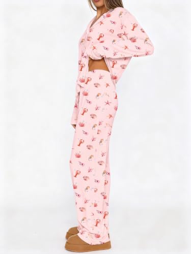 Image of Dressmine Ladies Long Sleeve Cute Pajama Sets 2 Piece Fall Outfits Button Up Pjs Set Loungewear