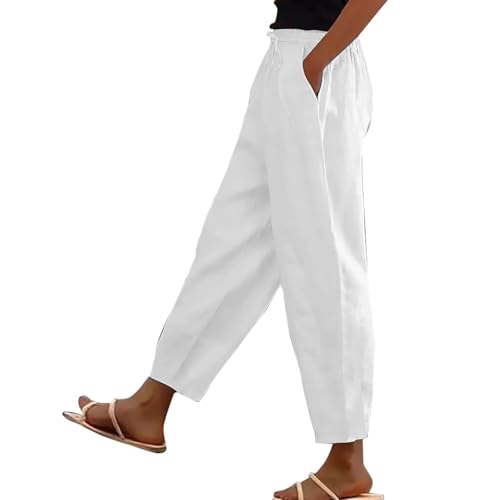 Womens Cotton Linen Palazzo Pants Drawstring Elastic Waist Casual Beach Pants Summer Wide Leg Trousers with Pockets2