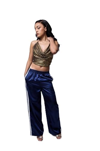 Pantalones de satén de pierna ancha y rayas laterales para mujer fluidos