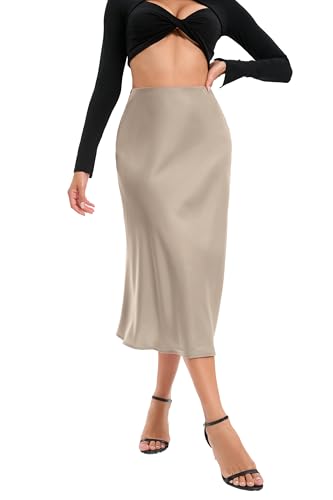 Oyamiki Ladies Silk Midi Skirt Elasticated High Waist Flared Long Skirts for Work Party, XL - Image 4