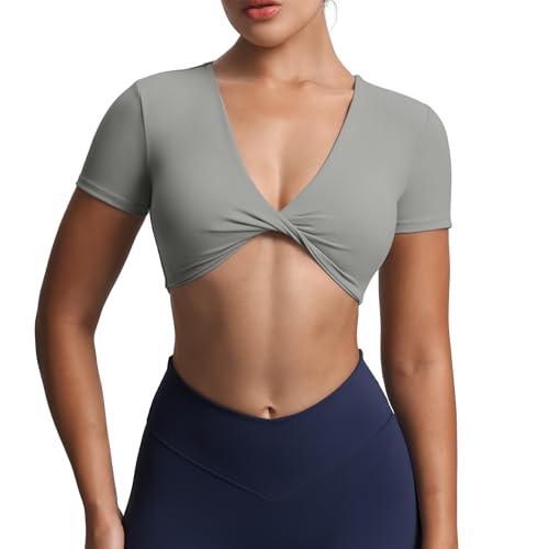 Image of Aoxjox Short Sleeve Crop Tops for Women Sienna Twist Deep V Workout Cropped T Shirt Top (Grey, Large)