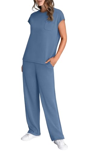 WIHOLL 2 Piece Sets for Women Casual Summer Travel Vacation Outfits Cap Sleeve Lounge Set