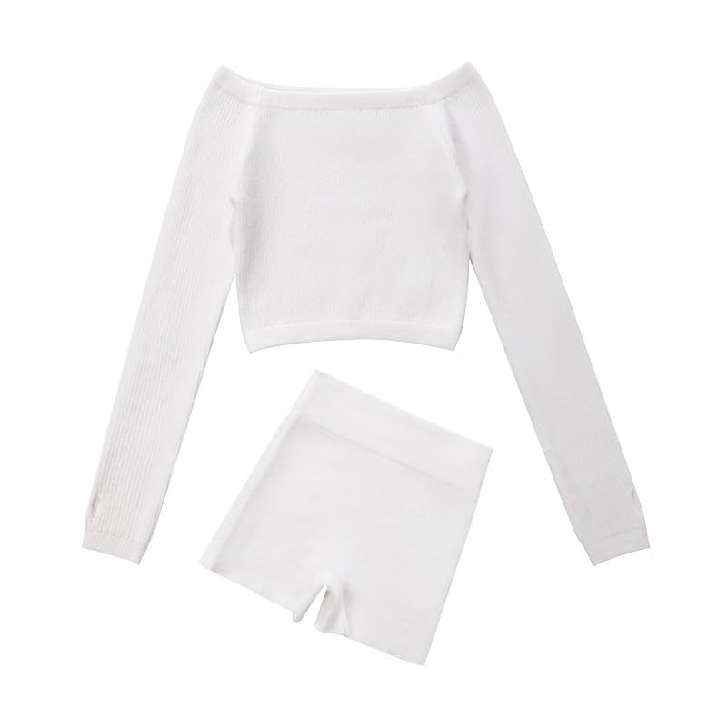 Girls Top Combo With Booty Shorts Ballet Dance Gymnastics Wear Knitted Leg Warmer Long Sleeve Pull Over Sweater Winter Set for Pilates Yoga Workout(White,120 Height 100-120cm)