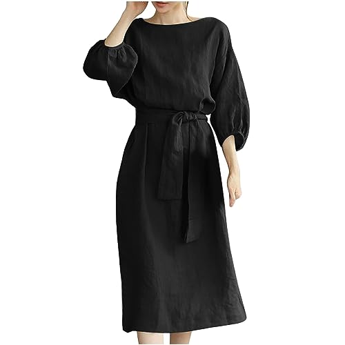 XUNRYAN Linen Dresses for Women 2024 Casual Work Office Dress Long Sleeve Tie Waist Knee Length Dress Boho Midi Dress Outfits