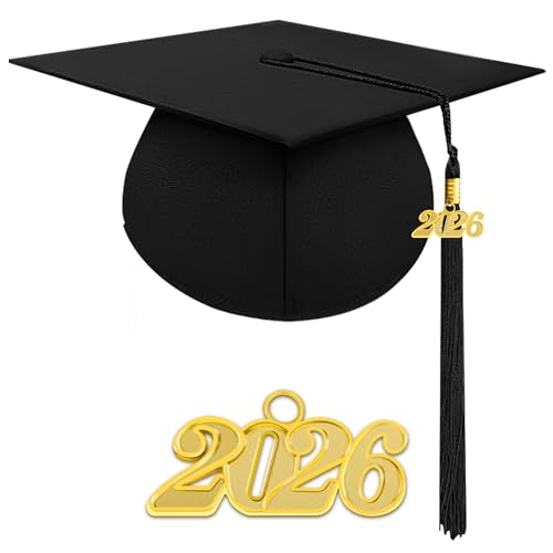 Herrenbek Matte Adult Graduation Cap with 2026 Tassel Unisex Adjustable Graduation Cap Black