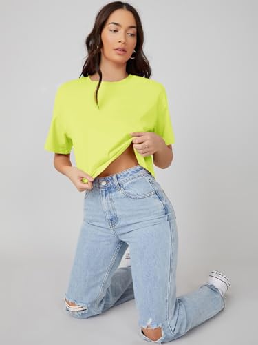 Image of KOTTY Women's Solid Cotton Blend Oversized Crop T-Shirt | Casual Summer Tee
