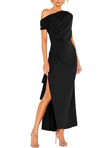 Simplee Women's Sexy High Slit One Shoulder Summer Cocktail Dress Knit Formal Party Asymmetrical Ruched Long Bodycon Dress Black #TOP29