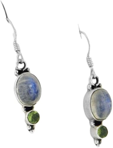 Auténtica plata de ley arco iris Moonstone y verde Peridot arete