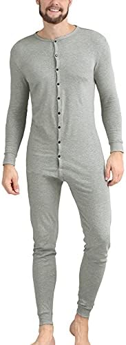 COLORFULLEAF Men's Cotton Thermal Underwear Union Suits Henley Onesies Base Layer (Grey, L)