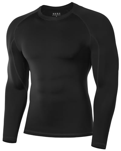 Poekuao Mens UPF 50+ Compression Shirts Long Sleeve Cool Dry Workout Undershirts High Elastic Athletic Base Layer for Sports Running Gym Black L