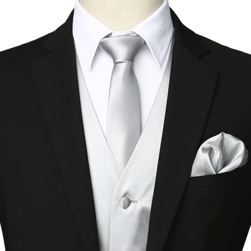 ZEROYAA Men's Solid 4pc Shiny Satin Vest Necktie Bowtie Pocket Square Set for Suit or Tuxedo3
