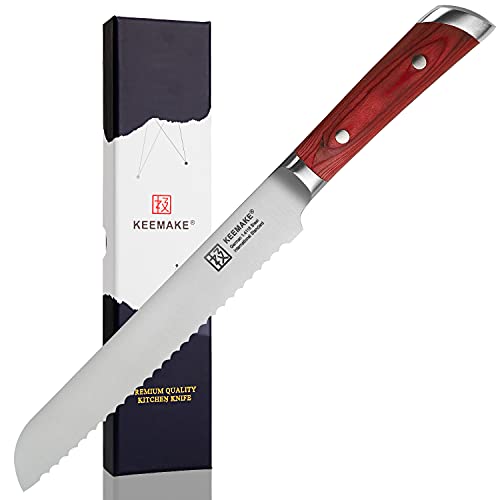 Bread Knife 8 Inch Serrated Bread Knife for Homemade Bread, Ultra-Sharp Stainless Steel Professional Grade Bread Cutter with Full Tang Pakkawood Handle, Ideal for Slicing Bread, Bagels,Cake- Keemake