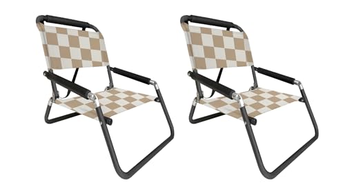 Image of Neso Beach Chairs - Lightweight, Portable and Foldable Recliner Beach Chairs for Park, Camping and Outdoor Adventures - with Slip Pockets and Shoulder Strap - 2 Pack - Tan Checkers - Regular
