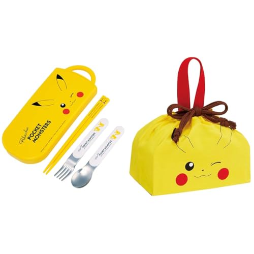 【2点セット 【日本製】】 スケーター(Skater) 子供用 お弁当 トリオセット 箸 スプーン フォーク カトラリー 抗菌 加工 開けやすいスライド式 ポケモン ピカチュウ フェイス 23 TACC2AG + 巾着袋 マチ付き ポケモン ピカチュウ フ