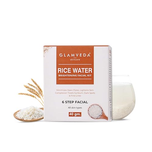 Glamveda Rice Water Brightening Facial Kit for Glass Skin – 40 g | Glowing Skin in 6 Easy Steps | Facial Kit for Women | Improves Skin Texture | Evens Skin Tone | Instant Glow | For All Skin Types