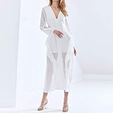 Silhouette: A-Line YWSZJ Sexy Party Perspektive Kleid für Frauen V-Ausschnitt Langarm Hohe Taille Slim Rüschen Weiße überzeugte Kleider (Size : XXL Code)