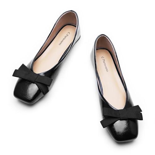 C.Paravano Women's Flats with Bowknot | Comfort Square Toe Ballet Flats | Casual Slip On Black Flat Shoes | Women Dress Shoes for Walking Wedding Work Office (Size 9,Black)