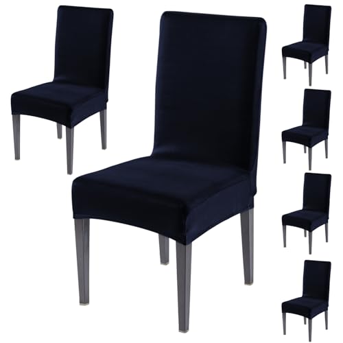 Image of HOKIPO 'SereneSolids' 140 GSM Stretchable Dining Chair Cover - Set of 6, Navy Blue (AR-6246-NBL)