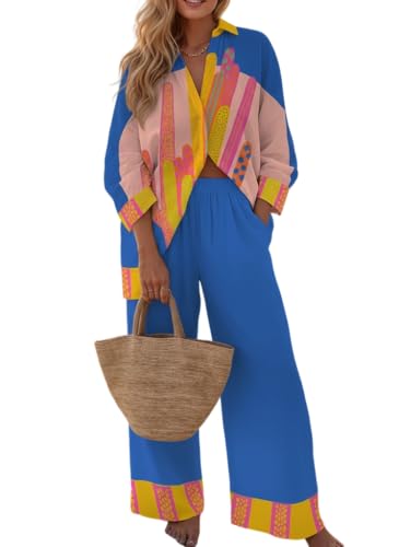 Epanus Women's Blue Pink Geometric Print 2 Piece Outfit, Long